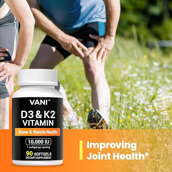 VANI Vitamins D3 (10000iu/250mcg) + K2 (as Mk7), for Bone & Muscle & Teeth Health, 90 SOFTGELS