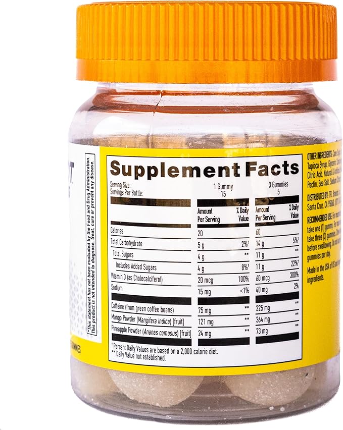Energy Gummies, 1125 mg of Plant-Based Caffeine Chews per Bottle, Long Lasting Energy Boosters, Tropical (15ct)