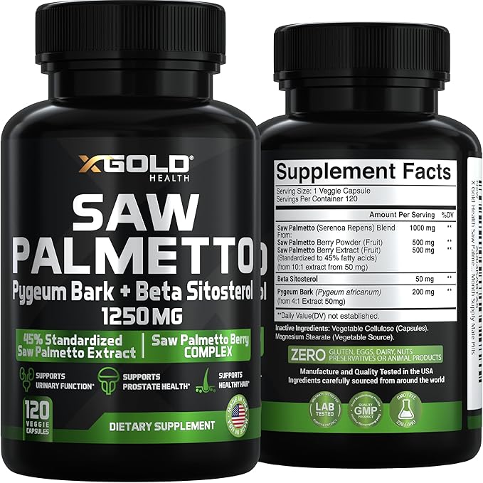 X Gold Health Saw Palmetto Prostate Supplement for Men | Pygeum Bark | Beta Sitosterol Supplement | Potent 3X Formula | Urinary Function Prostate | DHT Blocker Hair Growth | 4 Month Supply Male Pills