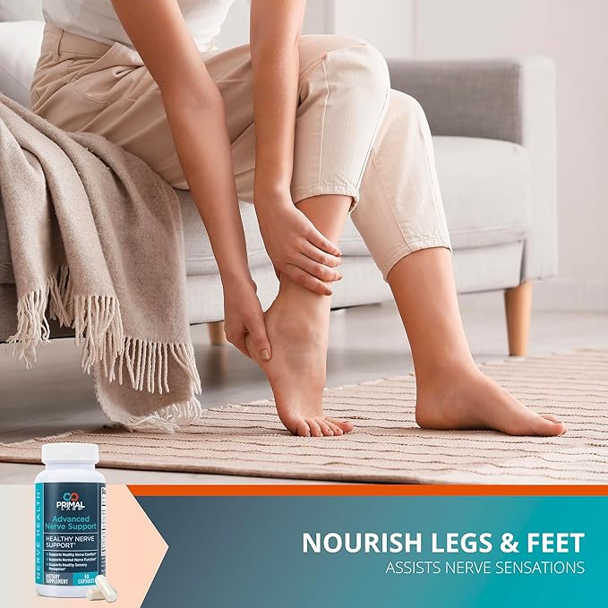 Primal Labs Advanced Nerve Support - Nerve Wellness Supplement with Benfotiamine, B6, B12, Alpha Lipoic Acid, Acetyl-L-Carnitine - Nerve Wellness, Feet, Legs, Sensory Function, Comfort - 60 ct.