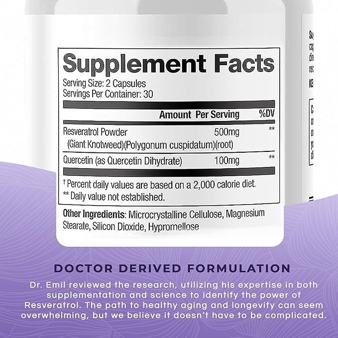 DR. EMIL NUTRITION Resveratrol Supplement - Healthy Aging Supplement with 500mg Resveratrol and 100mg Quercetin - Supports Normal Cellular & Cognitive Health, 60 Capsules