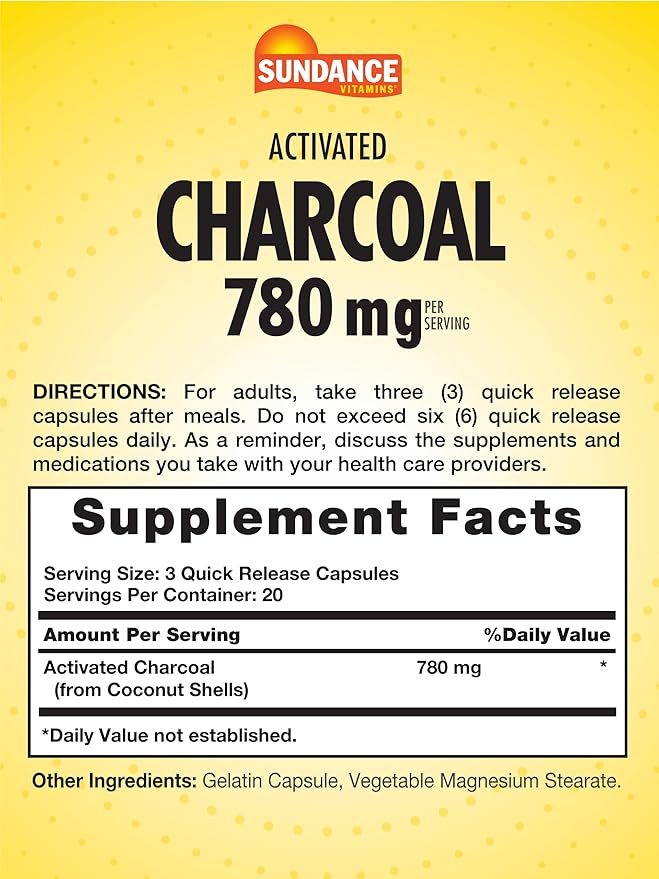 Sundance Activated Charcoal 780mg | 60 Quick Release Capsules | Traditional Absorbent Supplement | Non-GMO and Gluten Free Supplement