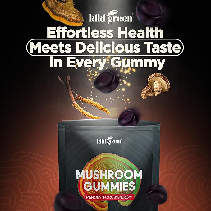 KIKI Green Mushroom Gummies with Lion's Mane and 9 Adaptogen Superfoods Blend - Chaga, Red Reishi, Cordyceps, Shiitake, Black Fungus | 60 Count, 10:1 Extract