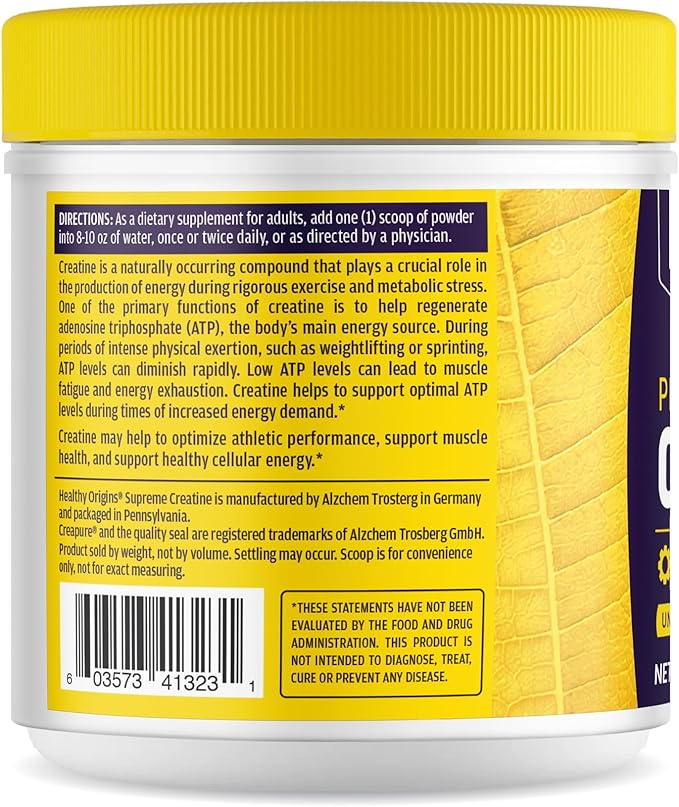 Healthy Origins® Performance Creatine with Creapure®, Unflavored Micronized Powder, Supports Muscle Function, Energy & Recovery, 21.2oz (600g), 120 Servings
