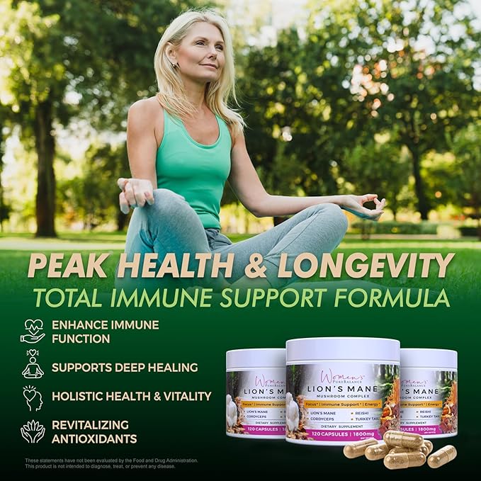 Women's PureBalance Lion's Mane Mushroom Supplement Capsules with Reishi, Cordyceps, Turkey Tail – Brain Nootropic for Memory, Focus, Natural Energy, & Immune Support, Non-GMO (120 Capsules)