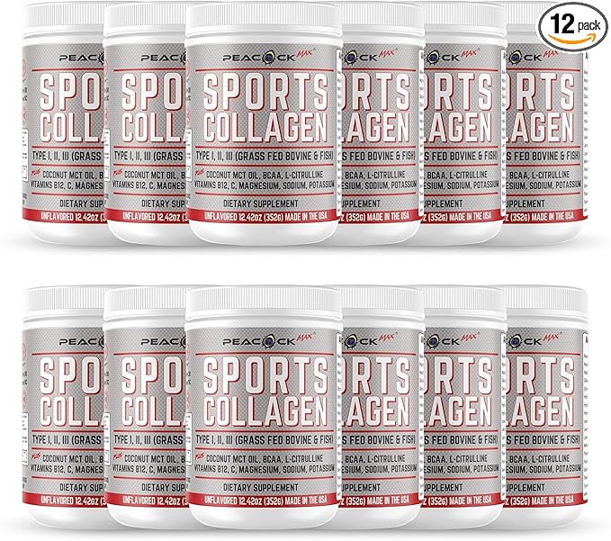 Sports Collagen Powder, 149.04 oz (Pack of 12) - Grass Fed Bovine & Wild Fish Hydrolyzed Type I, II, III Multi Collagen Peptides, Unflavored Protein Powder with BCAA & Magnesium