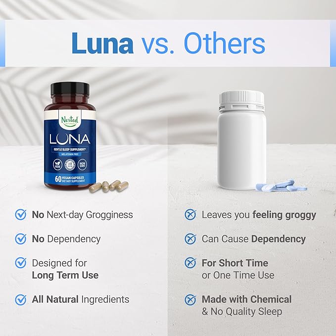 Nested Naturals Luna Melatonin-Free Pack of Two, Bedtime Supplement for Adults, Herbal Nighttime Sleeping Capsule, Valerian Root with Chamomile, Lemon Balm, Non-GMO, Gluten-Free