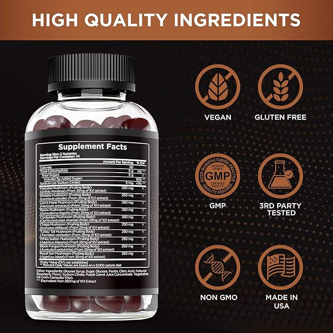 Mushroom Gummies 2500mg | 10 Blend w/Lions Mane, Reishi, Chaga, Cordyceps & More | Focus, Memory, Immunity, Energy | Natural Berry Flavor Supplement | Vegan, Made in USA (2-Pack)