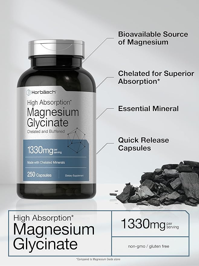 Horbäach Buffered Magnesium Glycinate | 1330mg | 250 Capsules | with Chelated Minerals | Non-GMO, Gluten Free