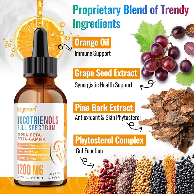 Full Spectrum of Tocotrienols Supplement 1200mg- Tocotrienol Vitamin E Liquid,Tocopherol-Free - Superior Antioxidant Blend - Higher Absorption - 2 fl oz,30 Servings