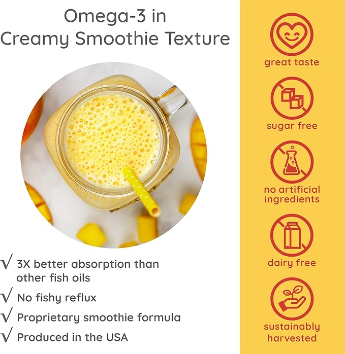 AS-IS Simply 16 fl oz (31 Servings) | Omega-3 Smoothie from Fish Oil | Promotes Heart & Brain Health | Dairy & Sugar Free | Natural Mango Flavor