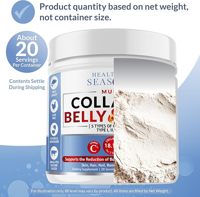 Multi Collagen Belly Burn: Hydrolyzed Peptides Powder with Hyaluronic Acid and Vitamin C + L-Carnitine and Glucomannan - Unflavored