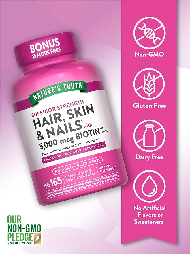 Nature's Truth Hair, Skin & Nails Vitamin | 5000 mcg Biotin | 165 Softgels | with Collagen | Non-GMO & Gluten Free Supplement