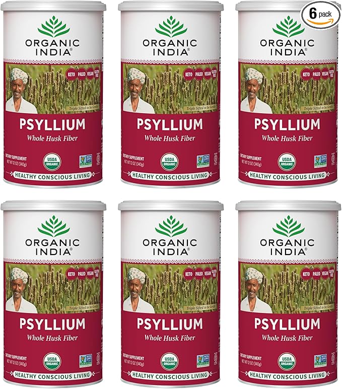 ORGANIC INDIA Whole Psyllium Husk Powder Organic - Psyllium Husk Fiber Supplement, Digestion Support, Vegan, Gluten-Free, Non-GMO, Soluble & Insoluble Fiber Source - 12 oz Canister, 6 Pack