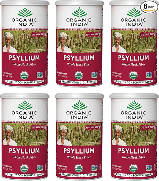 ORGANIC INDIA Whole Psyllium Husk Powder Organic - Psyllium Husk Fiber Supplement, Digestion Support, Vegan, Gluten-Free, Non-GMO, Soluble & Insoluble Fiber Source - 12 oz Canister, 6 Pack