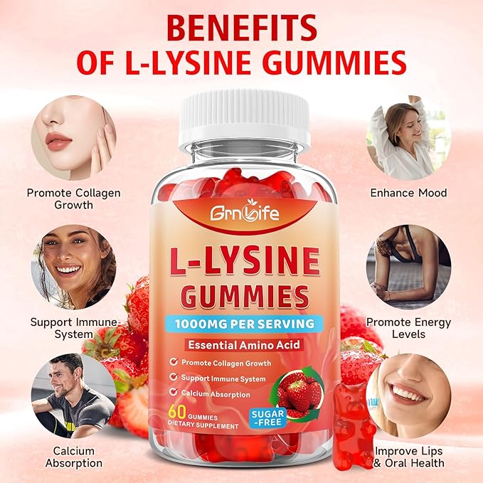 2 Pack L-Lysine 1000mg Gummies, Chewable Lysine Supplement for Adults & Kids, Essential Amino Acid Supplement for Immune Support, Collagen Formation Support, Strawberry, 120 Count