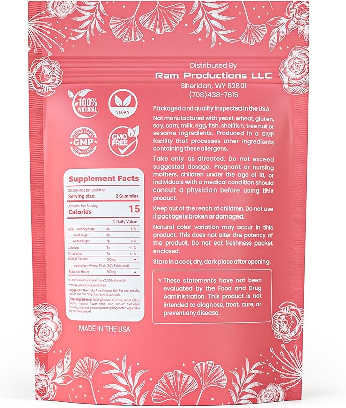 Shilajit Gummies for Women with Manuka Honey Supplement - Pure Himalayan Haramony | Rich in Fulvic Acid & Antioxidants for Energy | Vegan & All Natural | Made in USA | 60 Count