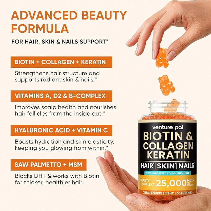 Venture Pal Biotin Gummies with Collagen & Keratin - Hair Growth Support Skin and Nail Strength Vitamins for Women & Men - Biotin 10000mcg | B-Complex | Saw Palmetto - Sugar Free, Non-GMO, 60ct