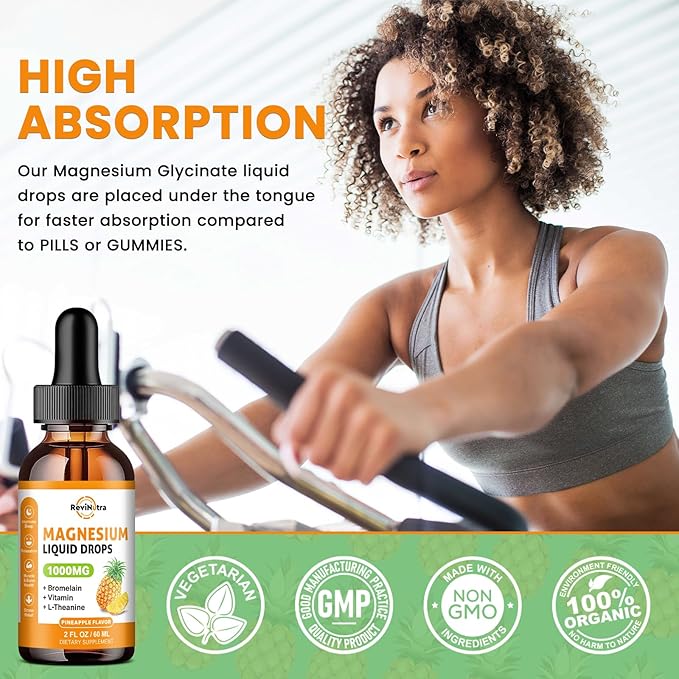 2 Pack Magnesium Glycinate Liquid Drops, 1000mg of Magnesium Glycinate, Citrate & Threonate for Sleep, Nerve, Energy, Muscle, Bone, Calm & Digestion, High Absorption, 2 Fl Oz, Pineapple Flavor