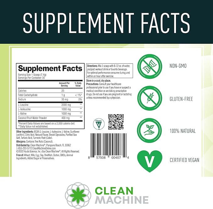 Clean BCAA - 2:1:1 Food Sourced BCAAs Powder & Coconut Water Electrolytes Recovery & Amino Energy Supplement - Award Winning Vegan Amino Acid Supplement - 30 Servings - Lemonade