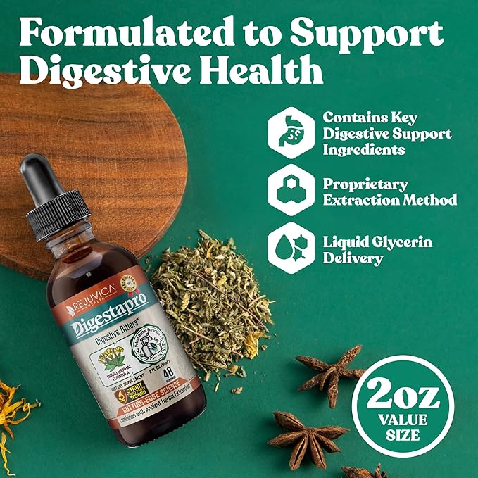 Rejuvica Health DigestaPro - Advanced Digestive Bitters Supplement - Liquid Delivery for Better Absorption - Gentian, Artichoke, Burdock, Chanca Piedra, Ginger & More!
