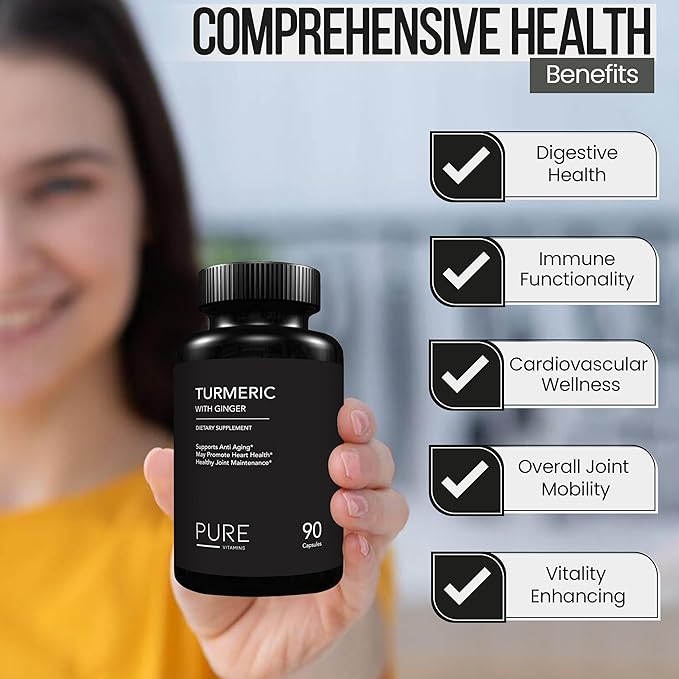 Turmeric and Ginger Supplements - 90 Vegetarian Capsules | Digestive Health & Joint Support Supplement | Organic Turmeric Curcumin Supplement with Black Pepper Extract