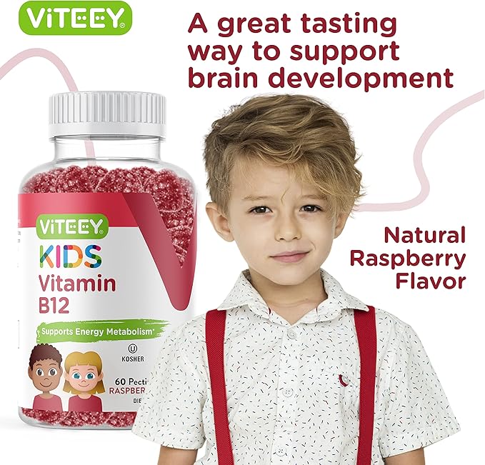 Vitamin B12 for Kids Gummies, 1000mcg - Metabolism, Natural Energy Support - Vegan, Gelatin Free, Gluten Free, GMO Free - Tasty Chewable B12 Raspberry Flavored Gummy