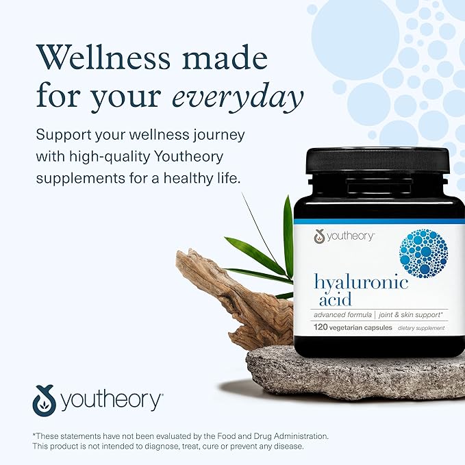 Youtheory Hyaluronic Acid Advanced Formula - Joint Support Supplement with Boswellia Extract* - Skin Health Supplement - Dairy, Soy & Gluten Free - 120 Vegetarian Capsules