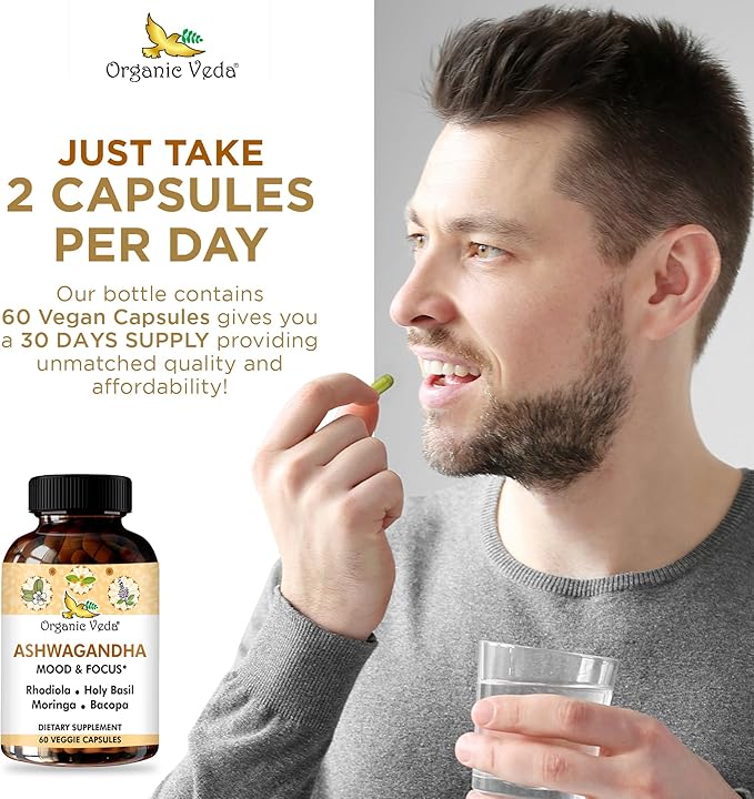 Organic Veda Ashwagandha Mood Support Supplement 1200mg, with Organic Ashwagandha Root, Bacopa, Rhodiola Rosea, Holy Basil, Moringa, Focus & Energy Support - 60 Vegan Capsules