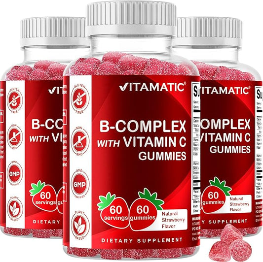 Vitamatic Vitamin B Complex Gummies with Vitamin C & Inositol - Natural Strawberry Flavor - 60 Gummies (3 Bottles)