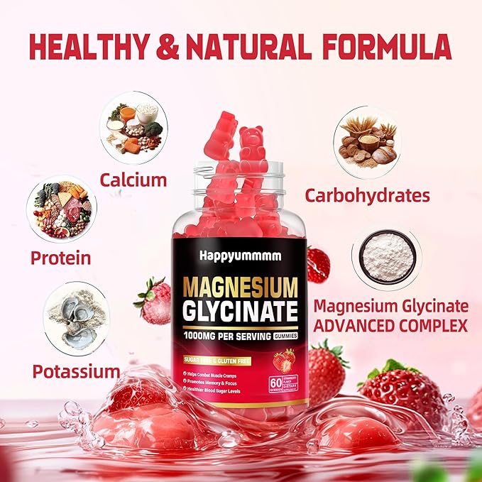 Magnesium Glycinate Gummies 1000mg - Sugar Free Magnesium Potassium Supplement with Vitamin D, B6, CoQ10 for Calm Mood & Sleep Support - 60 Strawberry Gummies.