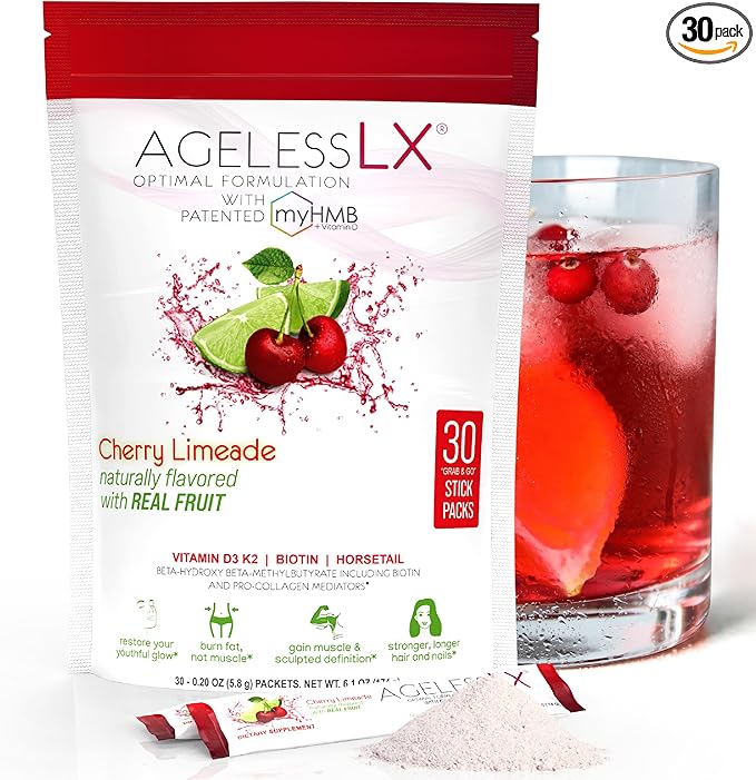 Powder Supplement for Women - with HMB Collagen Enhancer Plus Vitamin D3 with K2, Horsetail and Biotin for Lean Muscle and Stronger Hair and Nails - 30 Powder Packets, Cherry Limeade