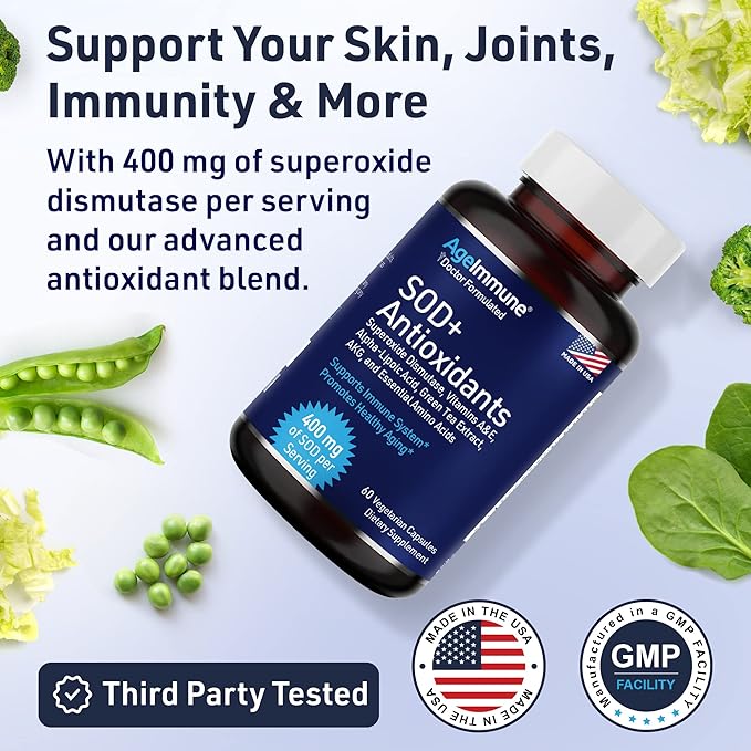 SOD Antioxidants Complex Healthy Aging Supplement - 400mg of Superoxide Dismutase - Alpha Lipoic Acid - L-Arginine -Lysine - AKG - Vitamin A - Vitamin E for Immune Support-60 Capsules