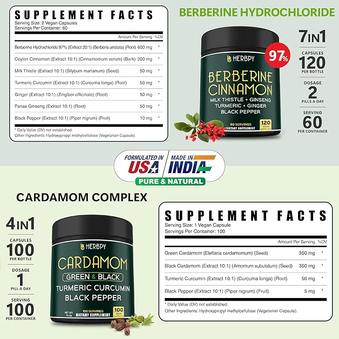 Bundle 7in1 Berberine HCl 97% 120 Count & 4in1 Cardamom Capsules 100 Count - Support Immune, Digestion, Heart Health, and Natural Wellness