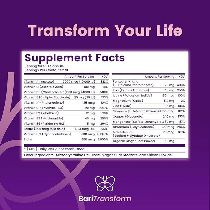 Bariatric Multivitamin with Iron Capsule – 90 Ct – Bariatric Vitamins Multivitamin with Organic Ginger Root for Digestion Support – Once-A-Day Vitamins