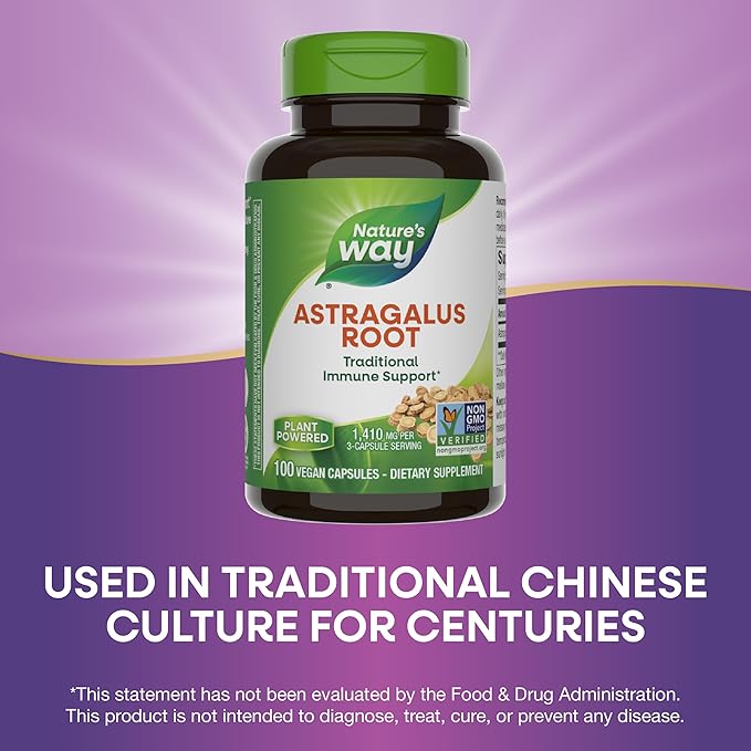 Nature's Way Astragalus Root, Traditional Immune Support*, 1,410 mg per 3-Capsule Serving, Non-GMO Project Verified, Vegan, 100 Capsules (Packaging May Vary)