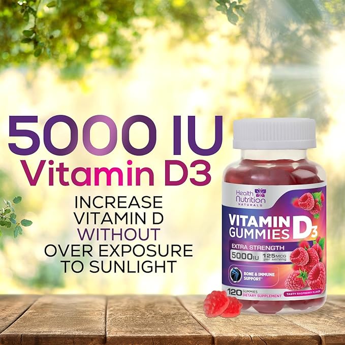 Vitamin D3 Gummies Extra Strength 5000 IU (125 mcg) - Immune Support, Bone, Teeth and Muscle Vitamin D Gummy Dietary Supplement, Nature's Berry Vitamin D Supplement, Raspberry, Non-GMO - 120 Gummies