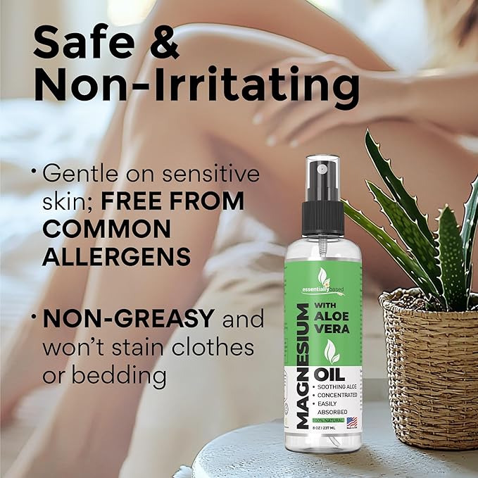 Pure Magnesium Oil Spray with Aloe Vera 8oz - Topical Magnesium Spray - Less Itchy - 100% Organic Oil - Made in USA
