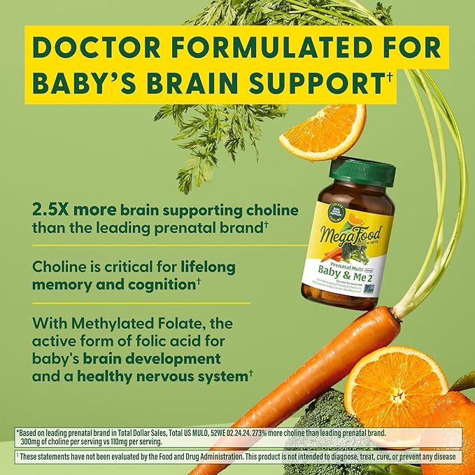 MegaFood Baby & Me 2 Prenatal Multi - Prenatal Vitamins for Women with Choline, Methyl Folate, Iron - Gluten-Free, Vegetarian, Pre Natal Multivitamin for Women - 60 Tablets, 30 Servings