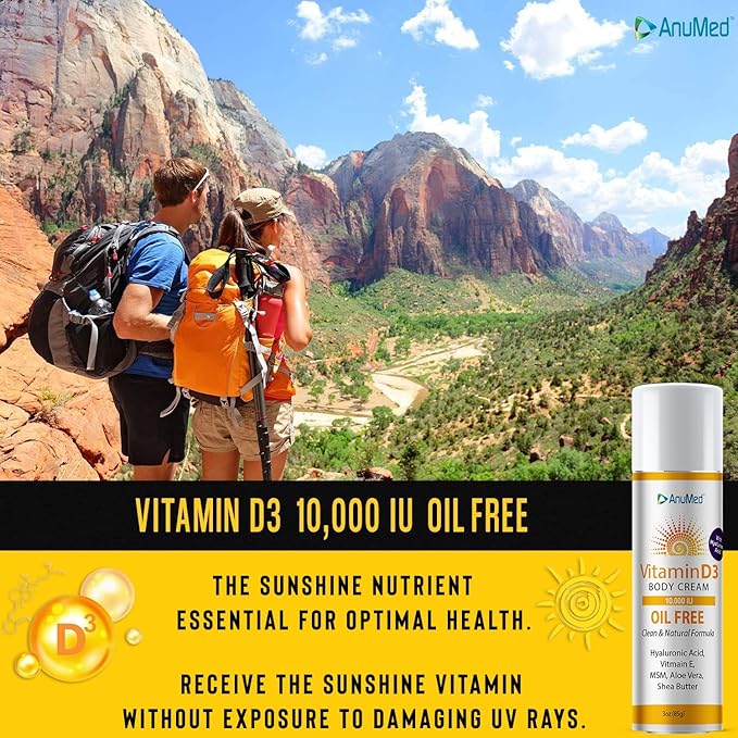AnuMed Vitamin D3 10,000 IU Oil-Free Cream with Magnesium + Hyaluronic Acid, Vitamin E. Moisturizing Cream for Dry Skin. Non-Greasy, Non-GMO, 100% Vegan, Gluten-Free (3oz)