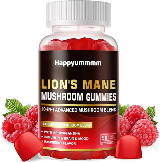 Mushroom Gummies - 10x Mushroom Supplement with Ashwagandha and Lions Mane (90 Chews) Nootropic Brain Supplement, Immune Support & Stress Relief-Raspberry Flavor