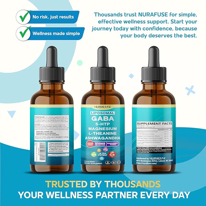 Liposomal GABA, 5-HTP, Magnesium, Theanine, Ashwagandha Liquid Drops – Ultra Potent, Raspberry Taste, USA Made & Lab Tested – 2 FL OZ (60ml)