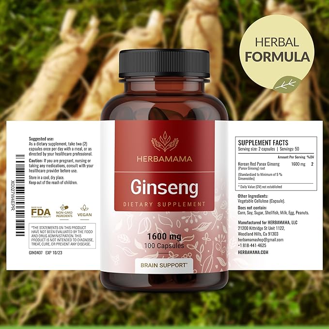 HERBAMAMA Korean Panax Ginseng Capsules - 1600mg Red Ginseng Root for Brain & Energy Support - Vegan, Non-GMO Korean Red Panax Energy Supplement, 100 Caps