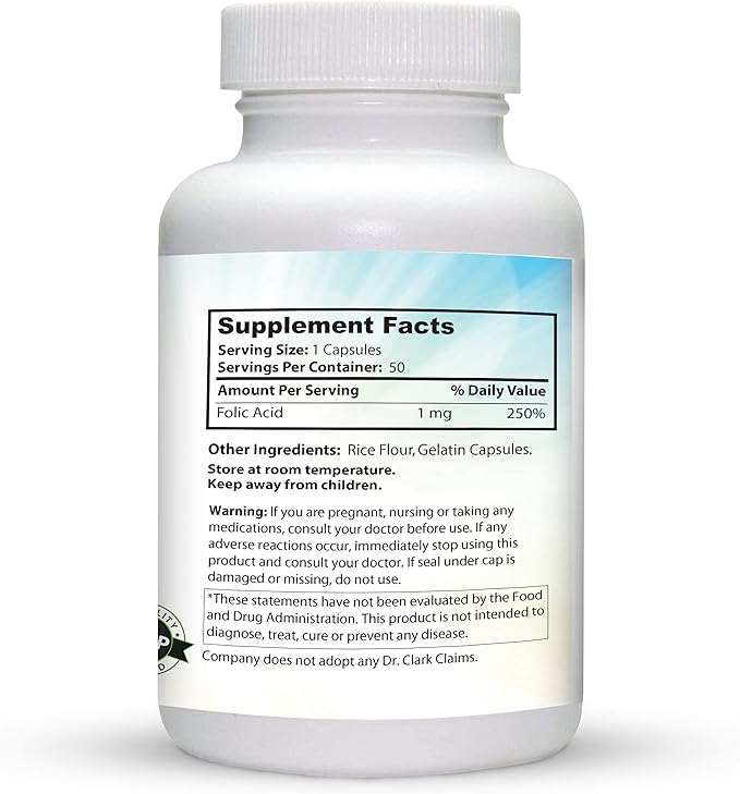 Dr. Clark Folic Acid (Vitamin B9) Supplement – 1mg, 50 Gelatin Capsules, Supports Healthy Pregnancy & Cell Growth