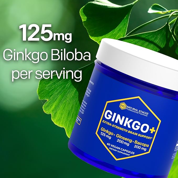 NATURAL STACKS Ginkgo Biloba Supplement with 200mg Panax Ginseng & 200mg Bacopa Monnieri - Brain Supplements for Memory and Focus - Korean Ginseng for Brain Health Support - 60 Ginkgo Biloba Capsules