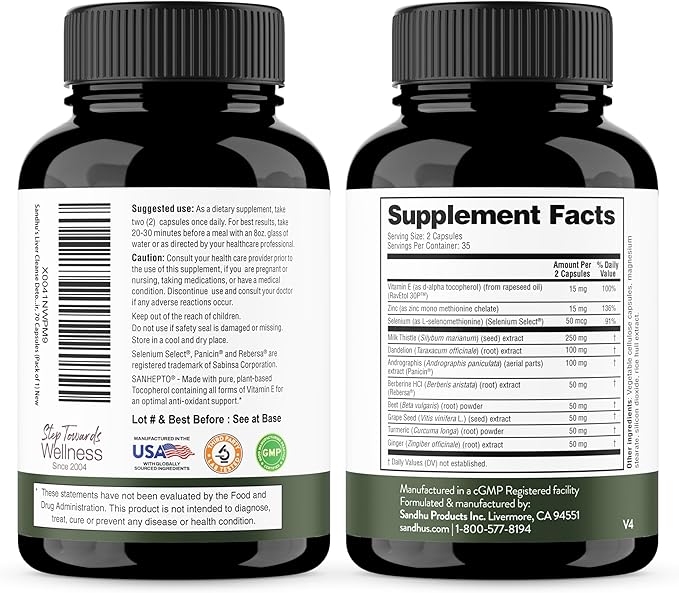 Sandhu's Liver Renew Cleanse Detox, Repair & Support | 70 Capsules (Pack of 3) | Herbal Supplement for Liver Health | Milk Thistle Dandelion Root Andrographis with 8 Minerals