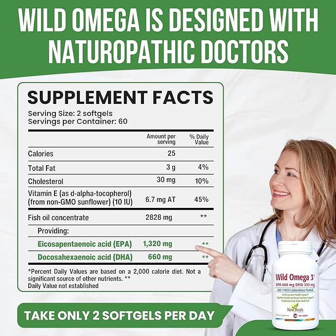 New Roots | Wild Omega-3 Fish Oil Supplement 900mg + EPA 600mg DHA 330 mg, Highest Concentration + Vitamin E (120 Softgels)
