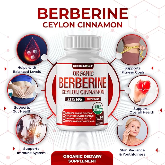 Organic Berberine with Ceylon Cinnamon 2175mg - Premium berberine supplement high purity extract USDA Organic, support immune system, Berberine Plus Complex, Non-GMO Vegan for Men Women 90 Capsules