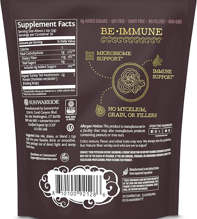 Sunwarrior Organic Turkey Tail Mushroom Powder | Turkey Mushroom Immune Support | Microbiome Gut Health Support | 50 Servings 100g Pouch | Be Well
