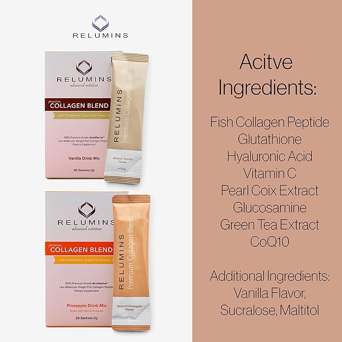 Relumins Marine Collagen Powder Drink Mix - Collagen Peptide with Glutathione, Green Tea, CoQ10, & Hyaluronic Acid Boosts Smooth Glowing Skin - 20 Powder Sachets x Vanilla Flavored + 2 Free Sachets